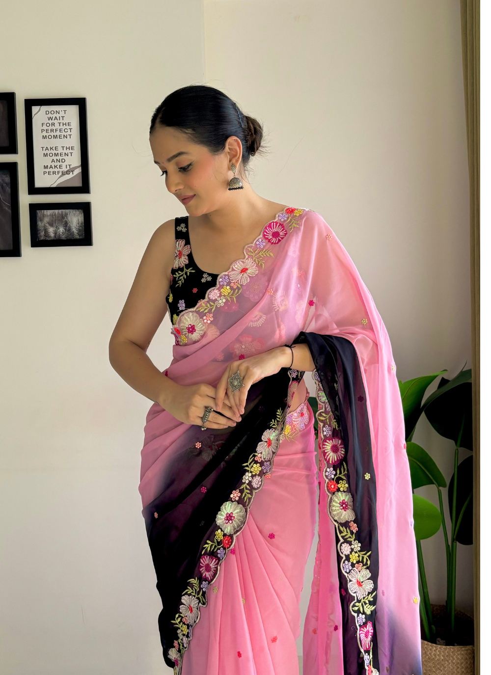 Nakshatra Ombre Black Pink Embroided Saree