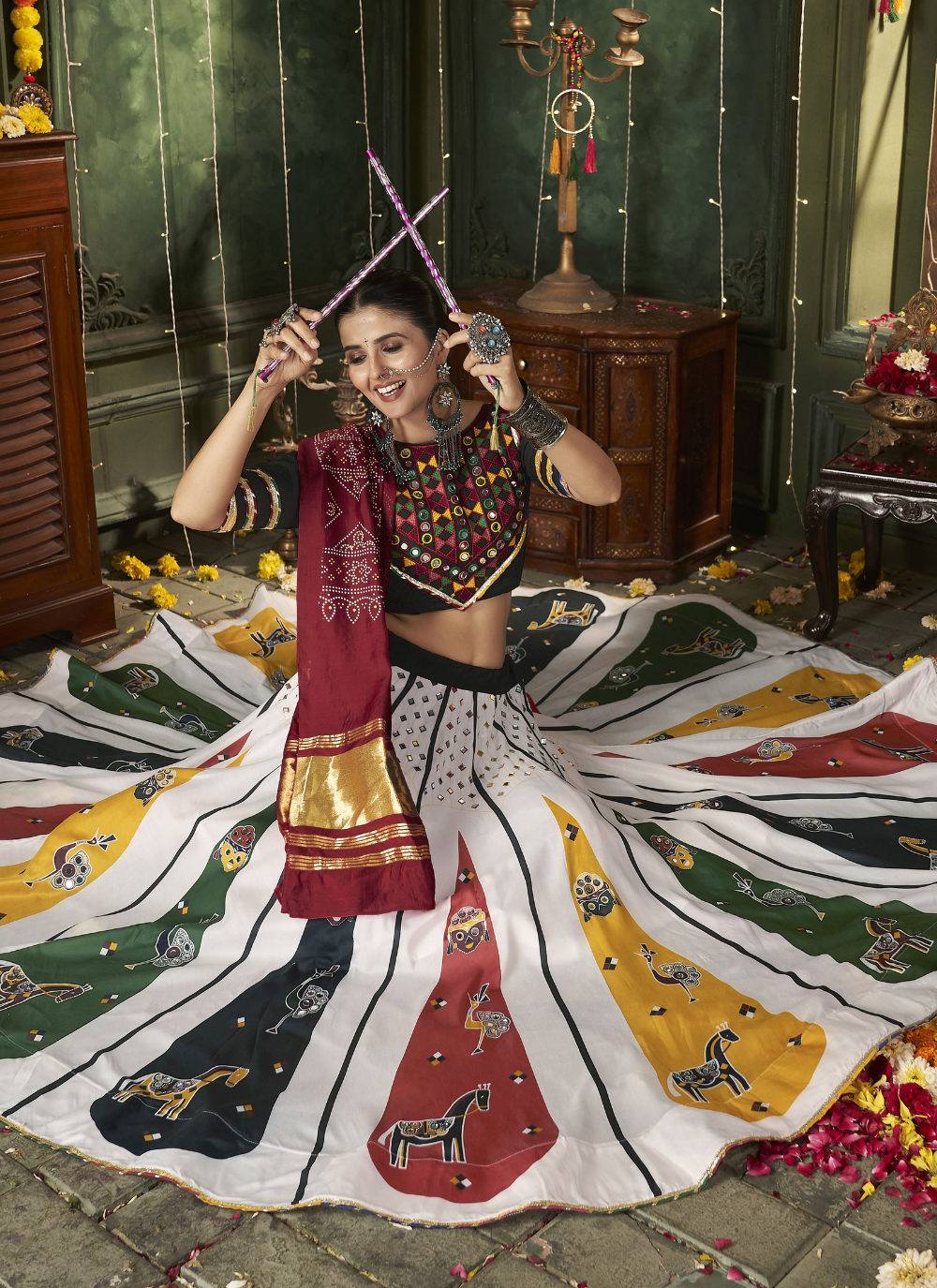 Nakshatra  White Multicolored Navratri Lehenga Choli