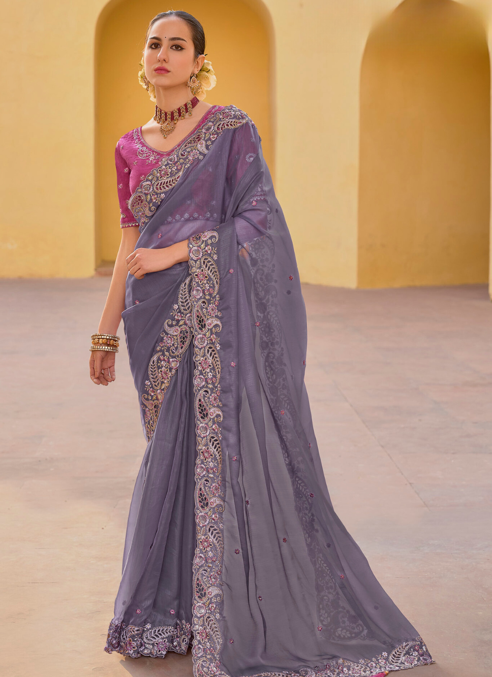 Bluish Grey Organza saree