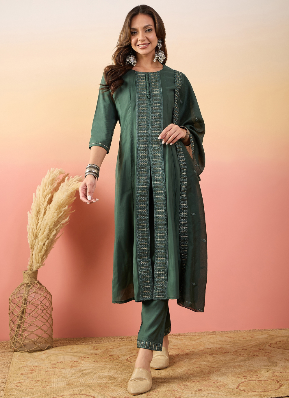 Nakshatra Olive Green Colored Silk Embroided suit