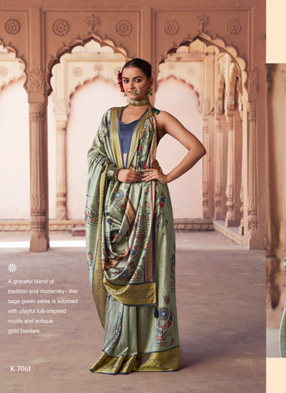 Nakshatra Digital Print Party Wear Sage Green Folk Print Saree with Antique Gold Border