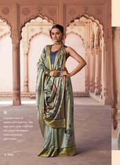 Nakshatra Digital Print Party Wear Sage Green Folk Print Saree with Antique Gold Border
