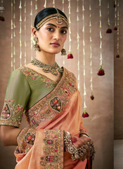 Nakshatra Peach Tissue silk Bridal saree