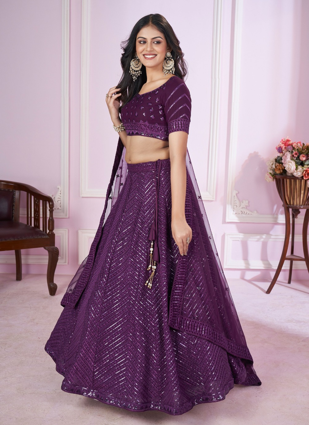 Nakshatra Purple Party Wear  Sequence Lehenga