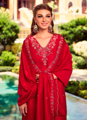 Nakshatra Red Embroidered Shimmer Silk Readymade Suit