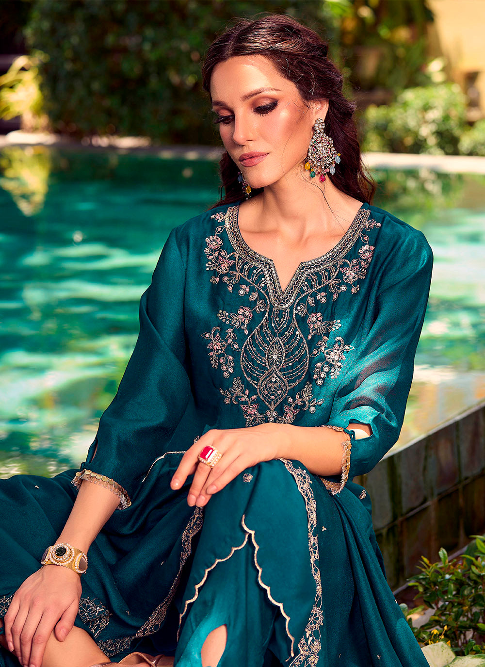 Nakshatra Teal Embroidered Shimmer Silk Readymade Suit