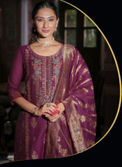 Nakshatra Wine Jaquard Banarasi Silk Readymade Suit