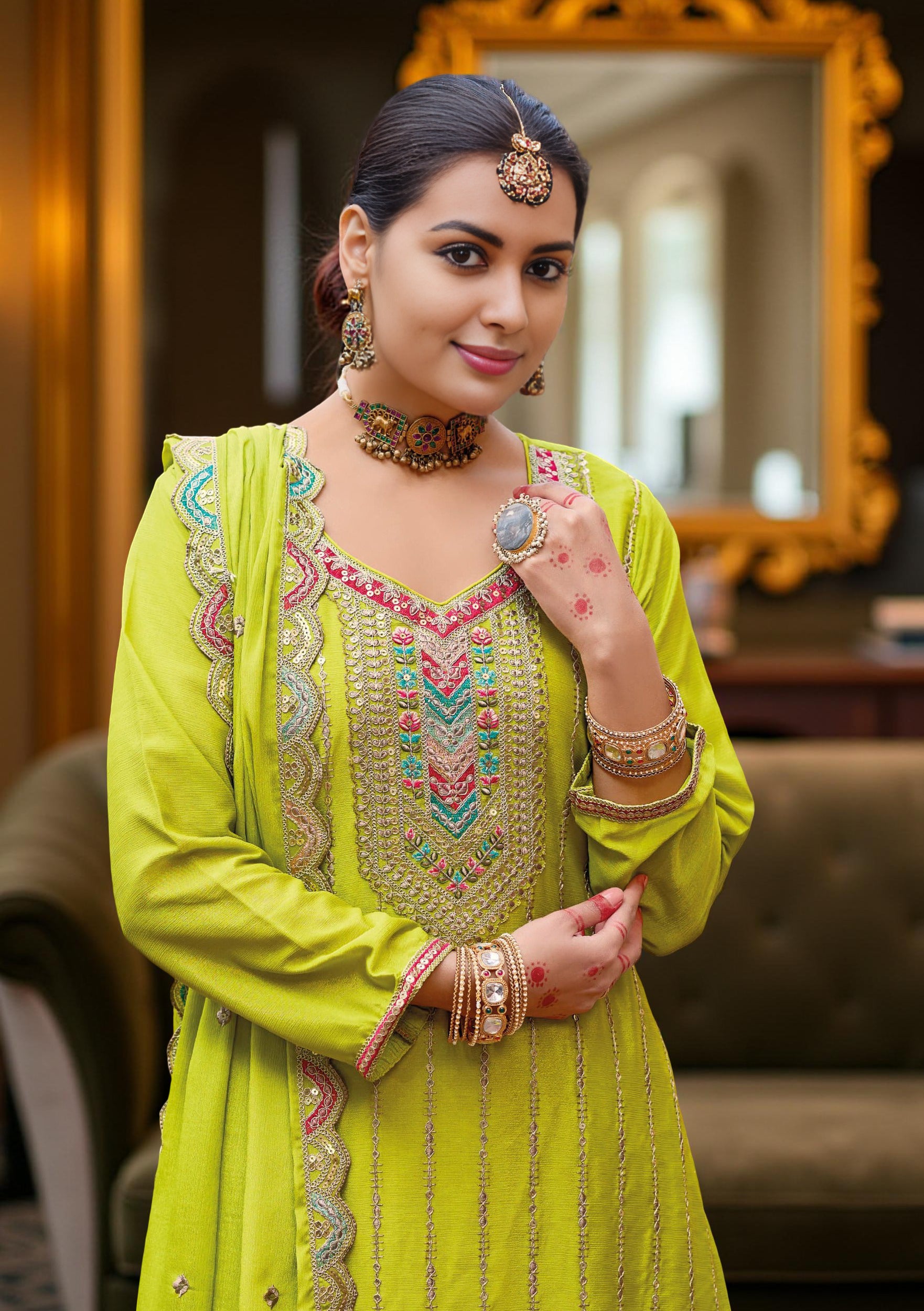 Nakshatra Lime Green Chinon Embroidered Suit