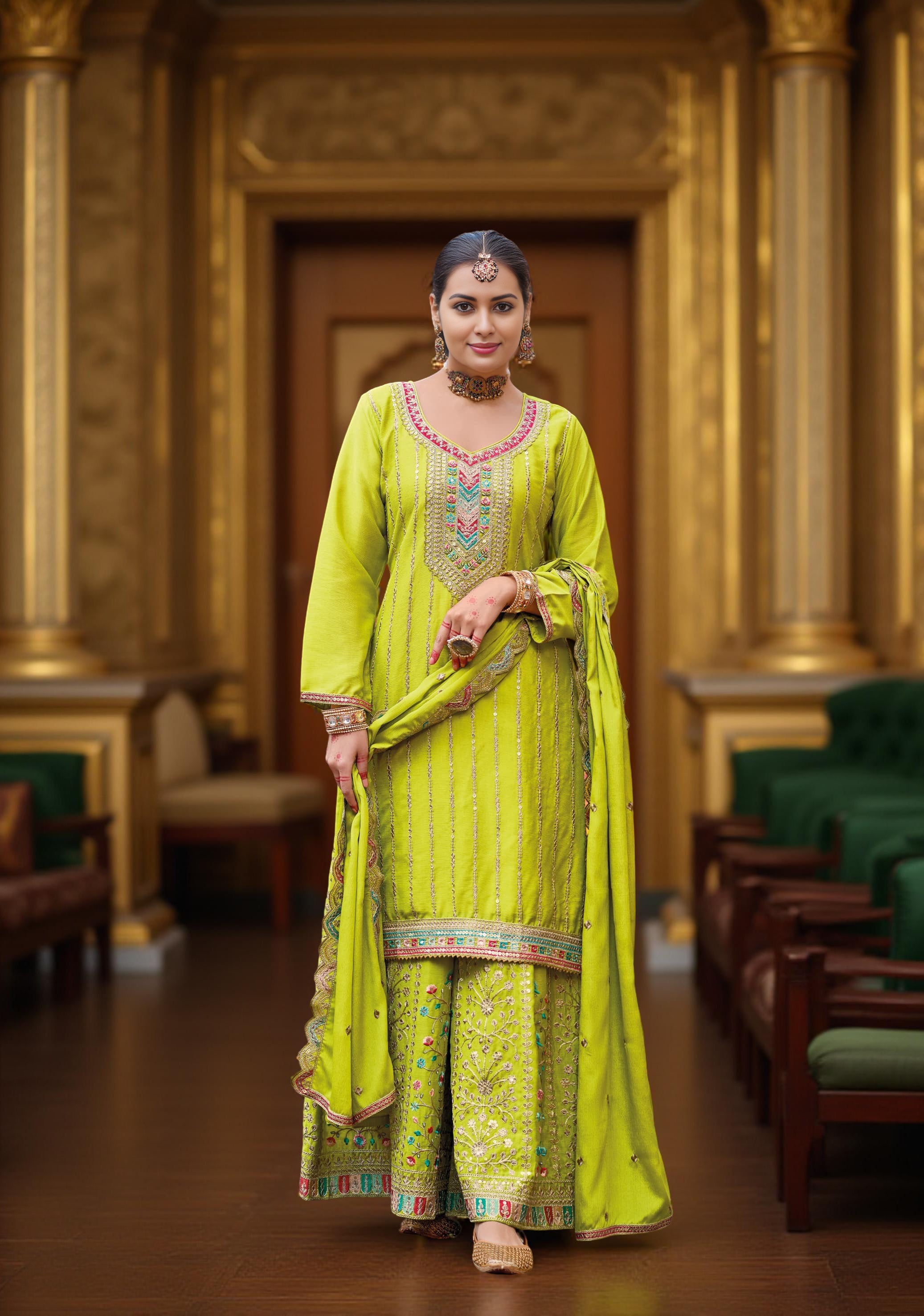 Nakshatra Lime Green Chinon Embroidered Suit