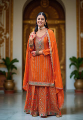 Nakshatra Orange Chinon Embroidered Suit