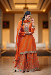 Nakshatra Orange Chinon Embroidered Suit
