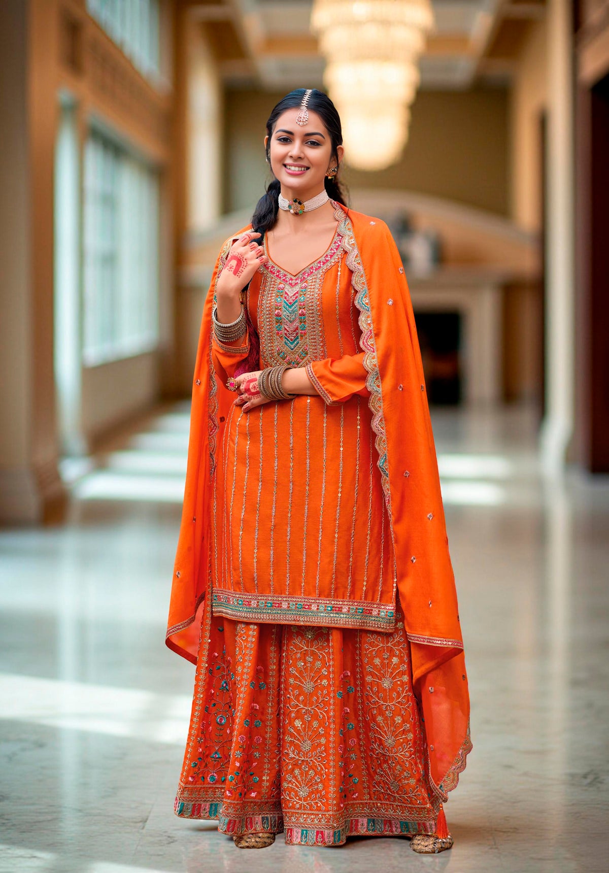 Nakshatra Orange Chinon Embroidered Suit