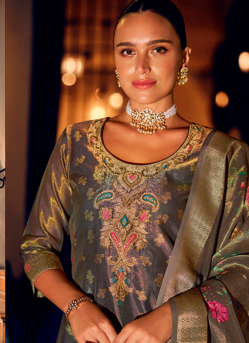 Nakshatra Grey Shimmer Silk Pant Readymade Suit