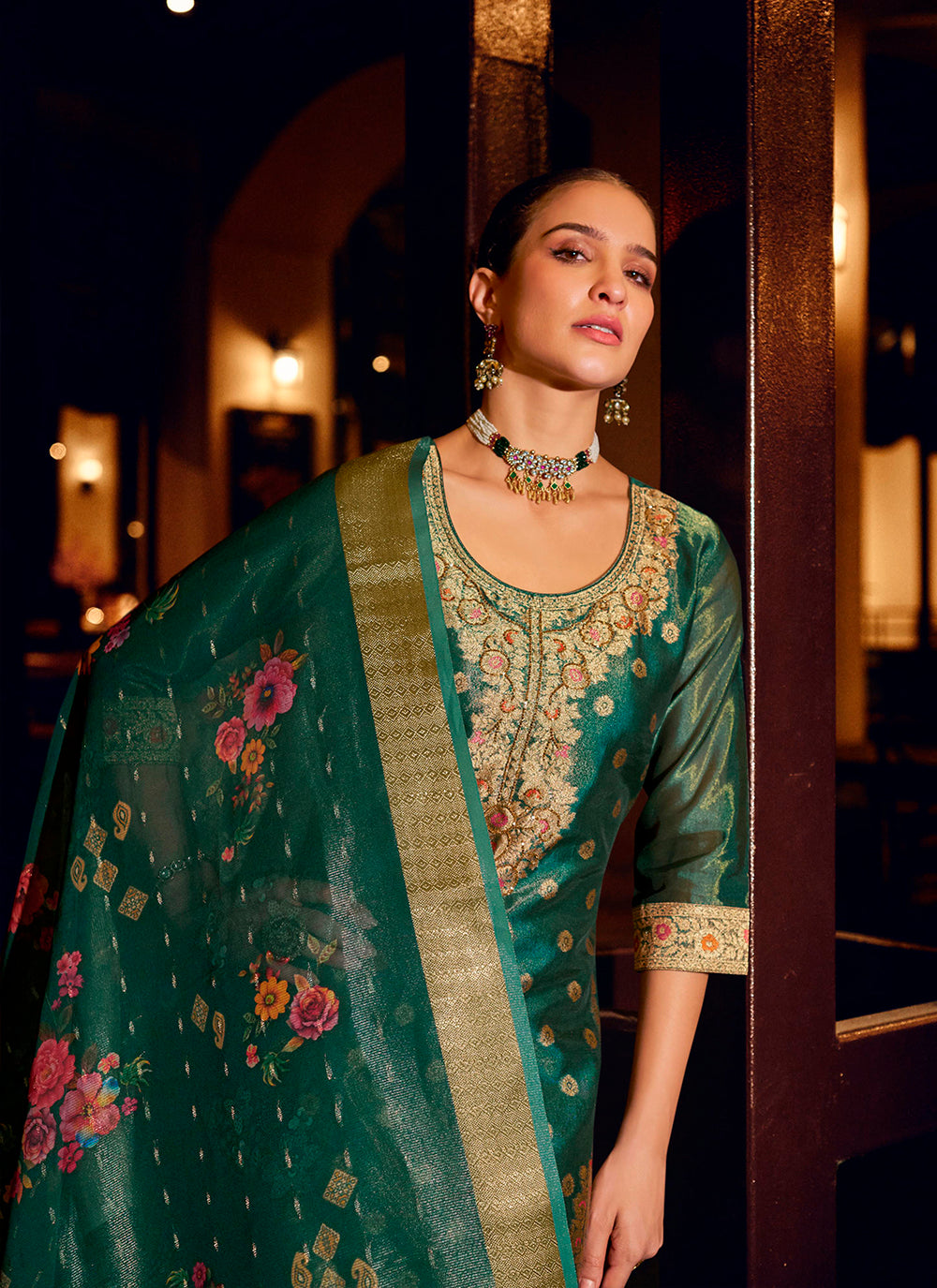Nakshatra Green Shimmer Silk Pant Readymade Suit