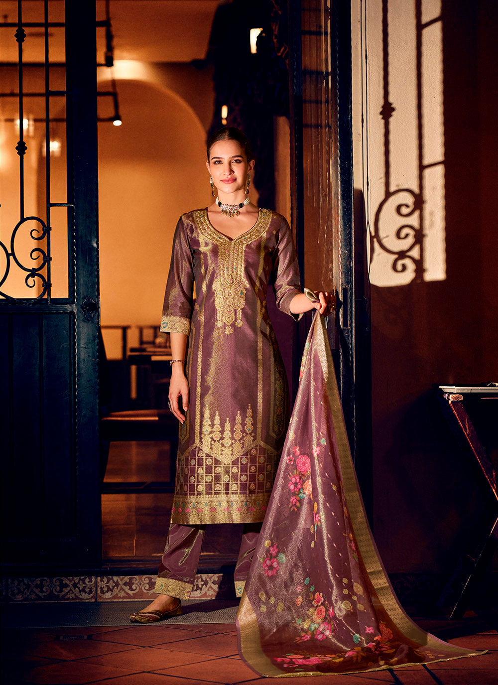 Nakshatra Purple Shimmer Silk Pant Readymade Suit