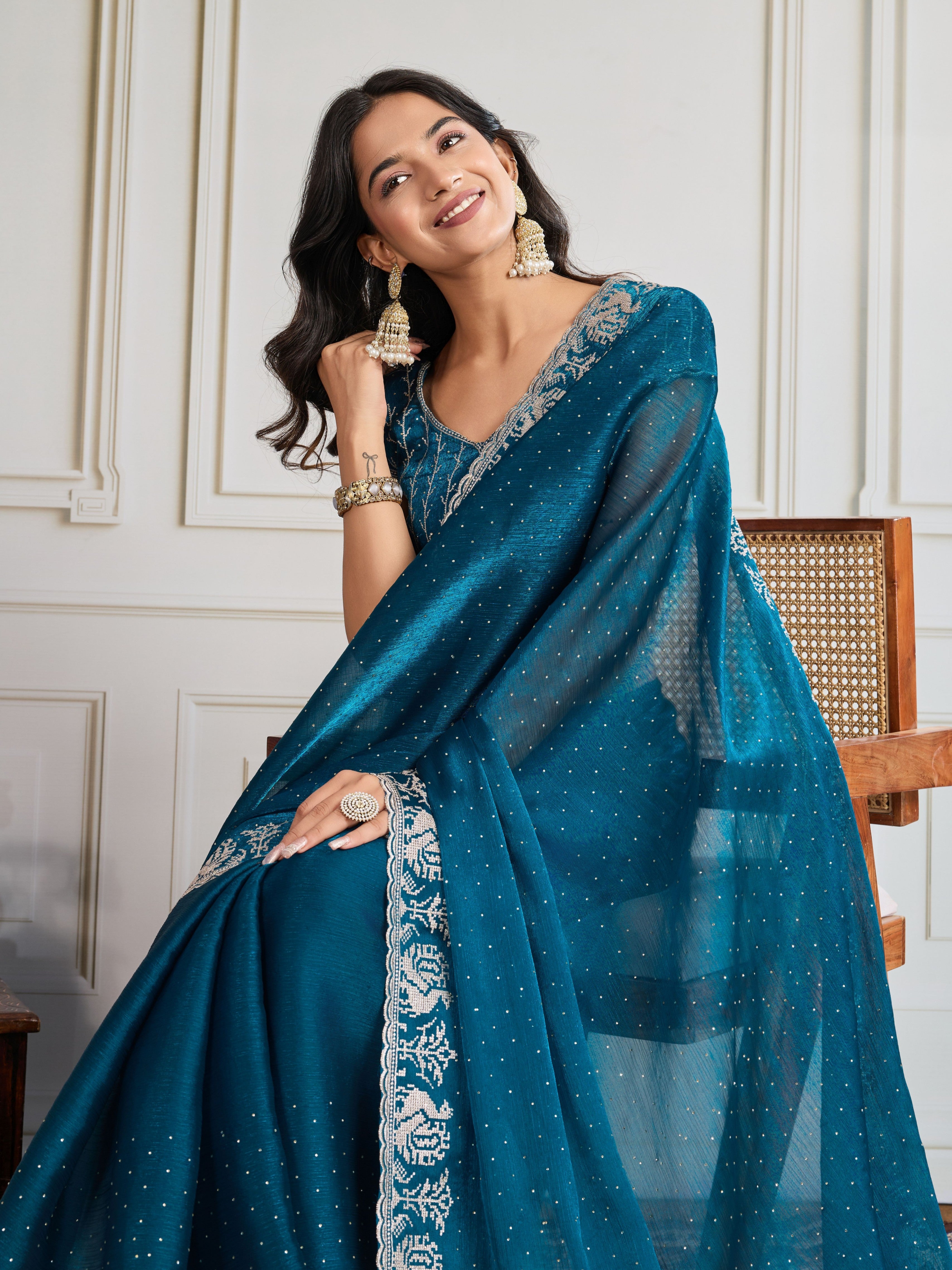 Nakshatra Teal Blue Shade Embroidery Saree