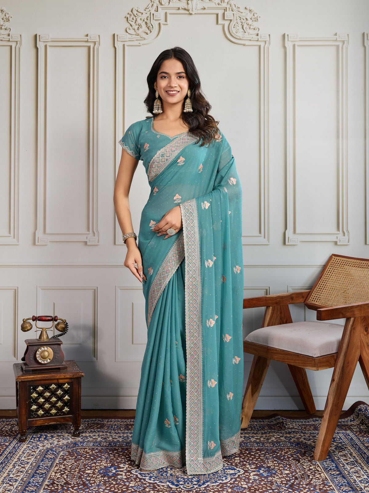 Nakshatra Sea Green Shade Embroidery Saree