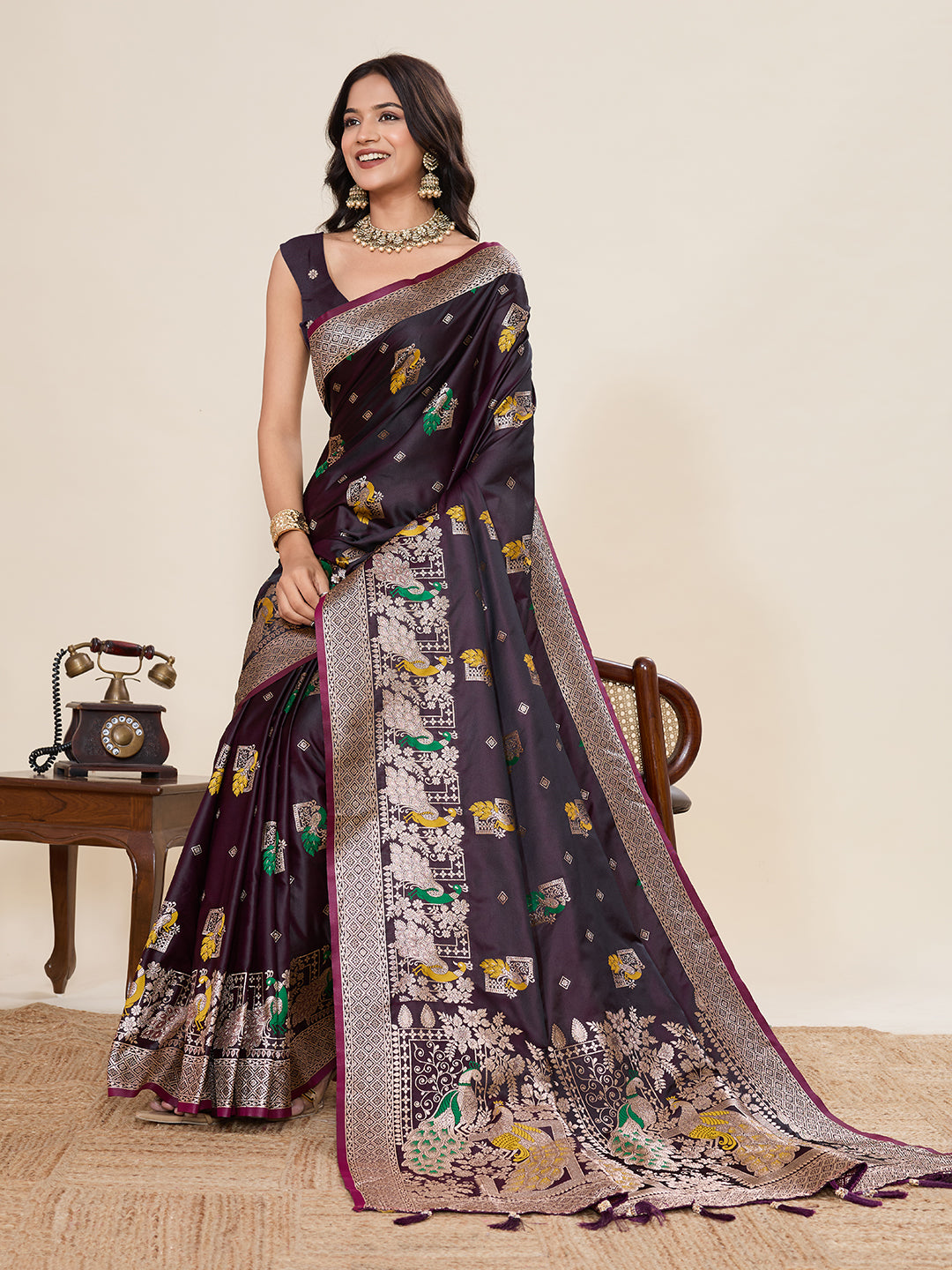 Nakshatra Wine Satin Silk Saree