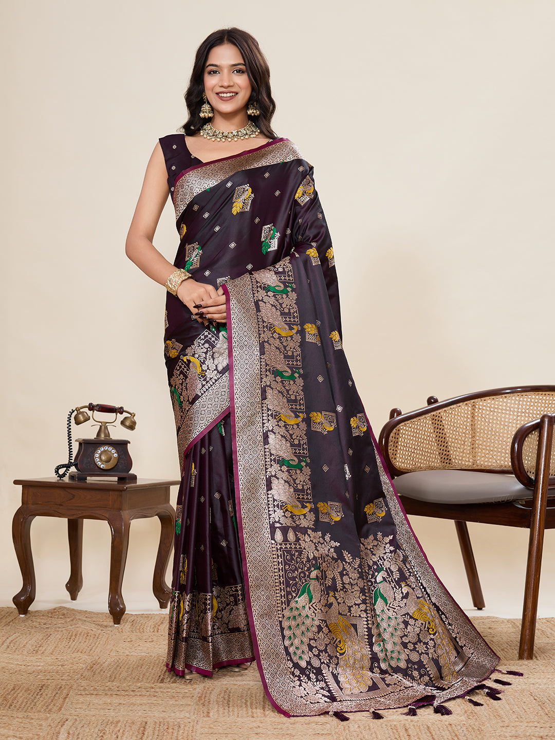 Nakshatra Wine Satin Silk Saree