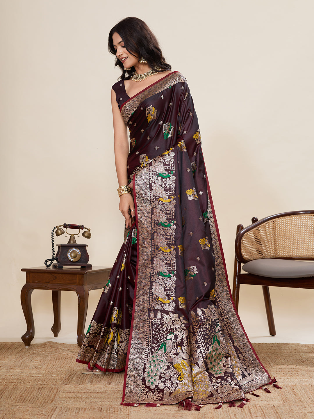 Nakshatra Brown Satin Silk Saree