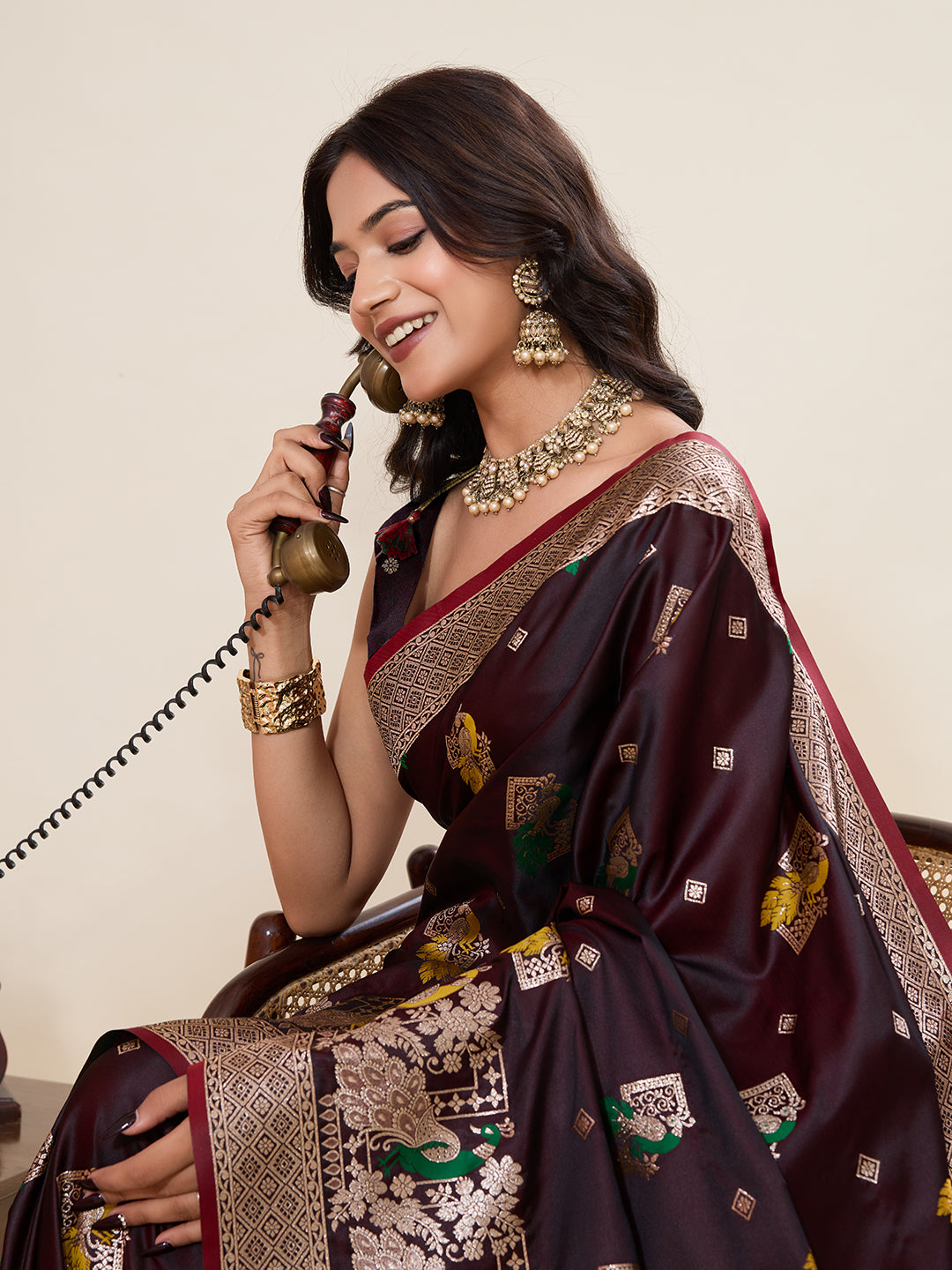 Nakshatra Brown Satin Silk Saree