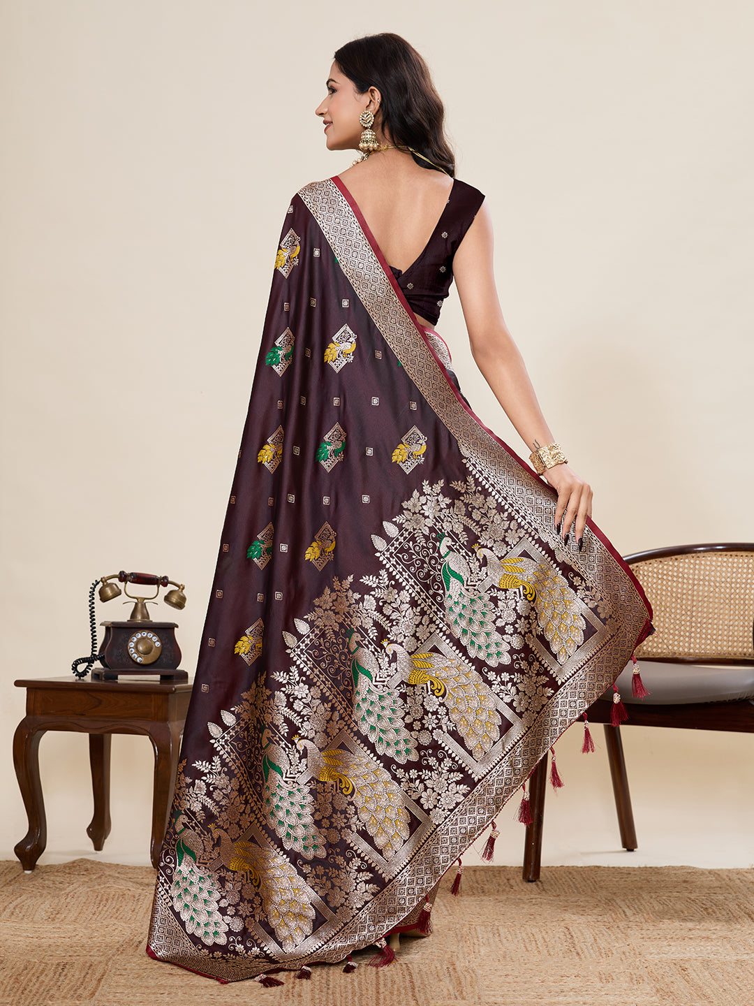 Nakshatra Brown Satin Silk Saree