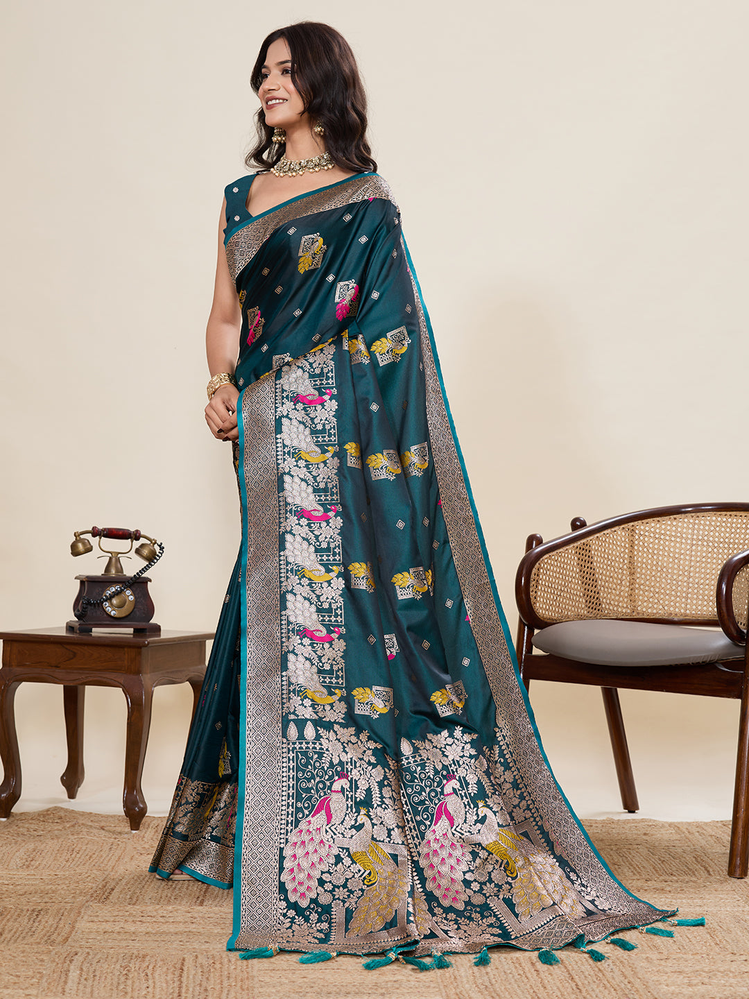 Nakshatra Teal Satin Silk Saree