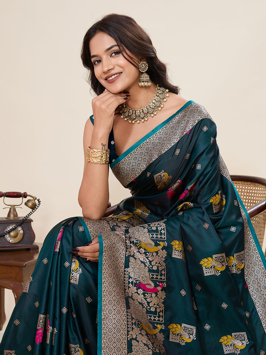 Nakshatra Teal Satin Silk Saree