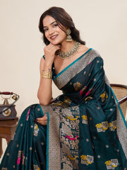 Nakshatra Teal Satin Silk Saree