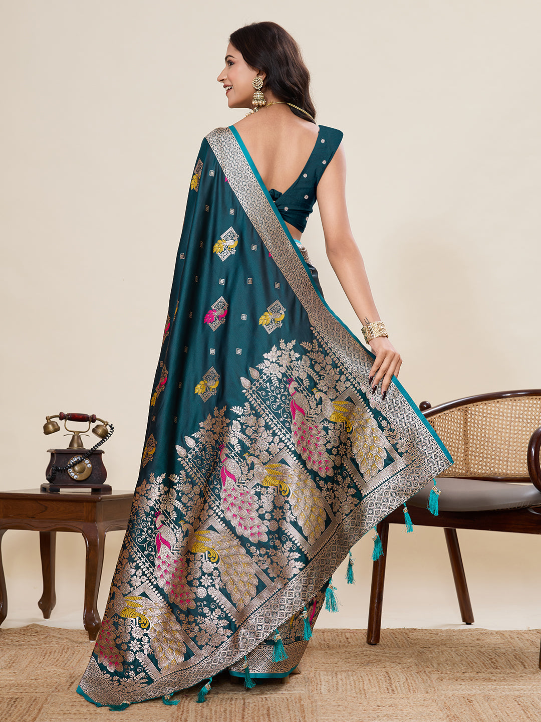 Nakshatra Teal Satin Silk Saree