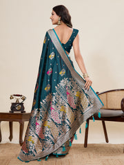 Nakshatra Teal Satin Silk Saree