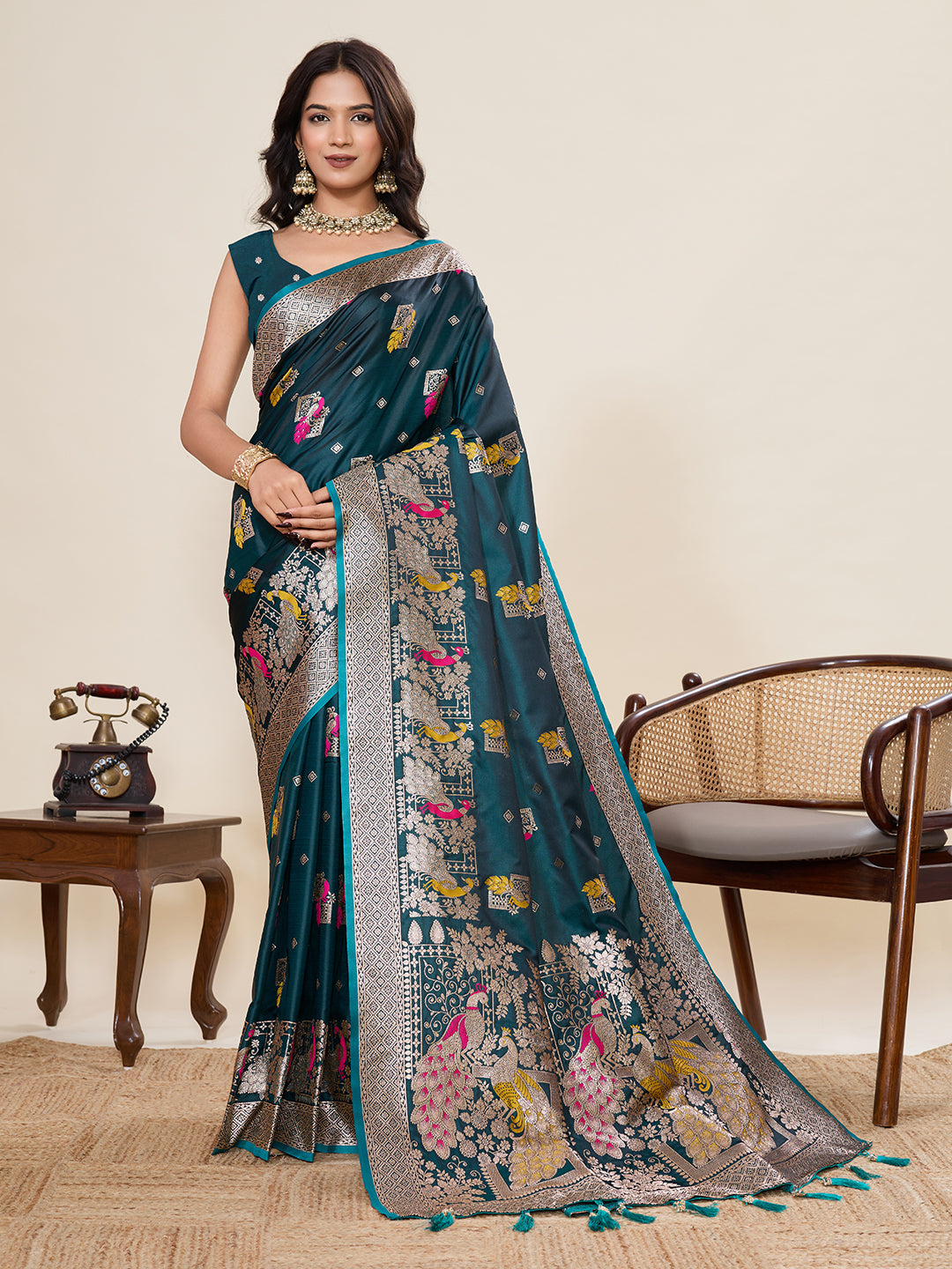 Nakshatra Teal Satin Silk Saree