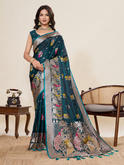 Nakshatra Teal Satin Silk Saree