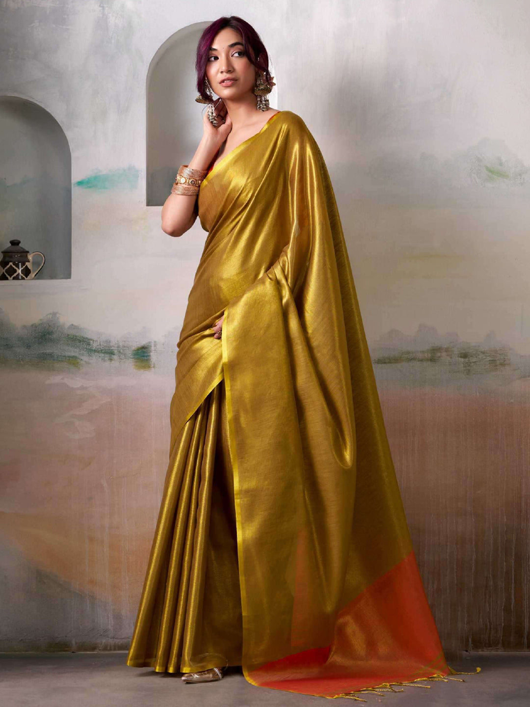 Nakshatra Mustard Tissue Silk Woven Saree
