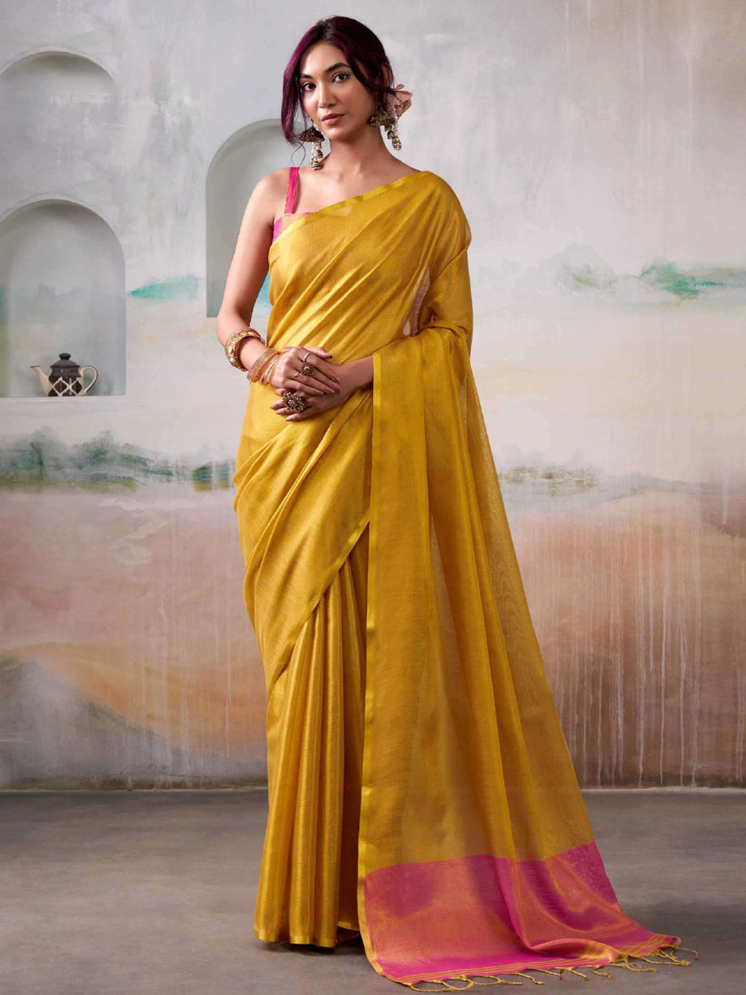 Nakshatra Yellow Tissue Silk Woven Saree