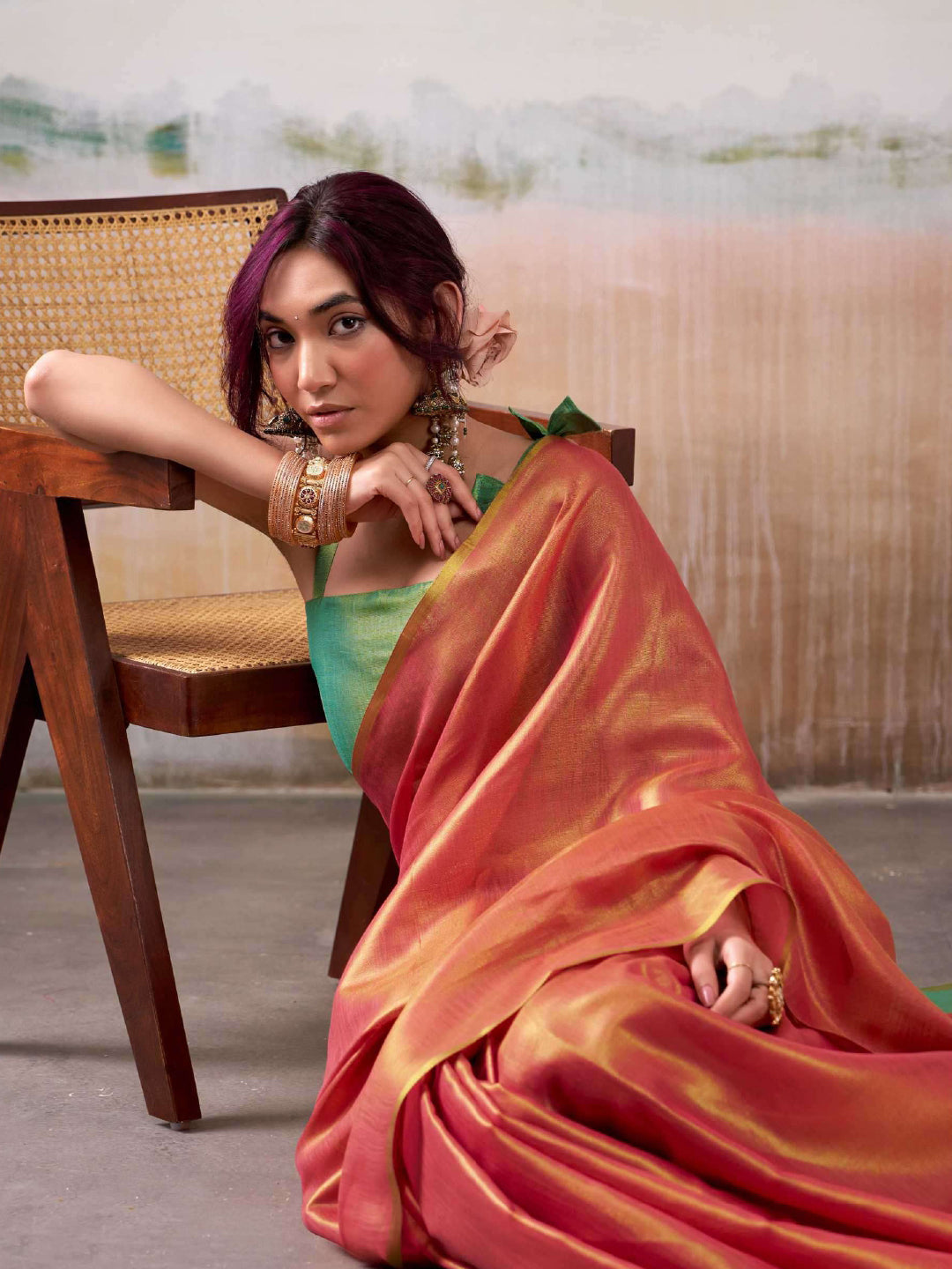 Nakshatra Peach Tissue Silk Woven Saree