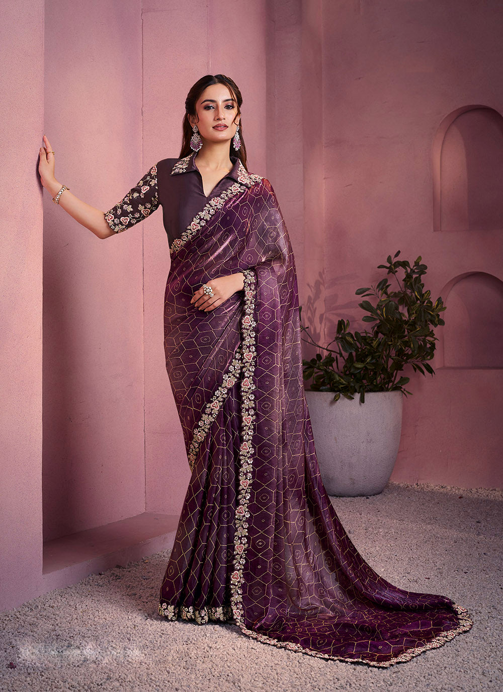 Nakshatra Wine Satin Silk Saree