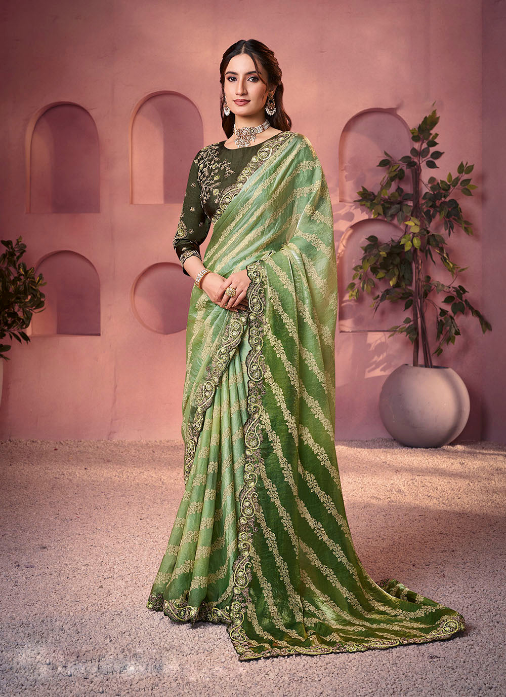 Nakshatra Green Satin Silk Saree