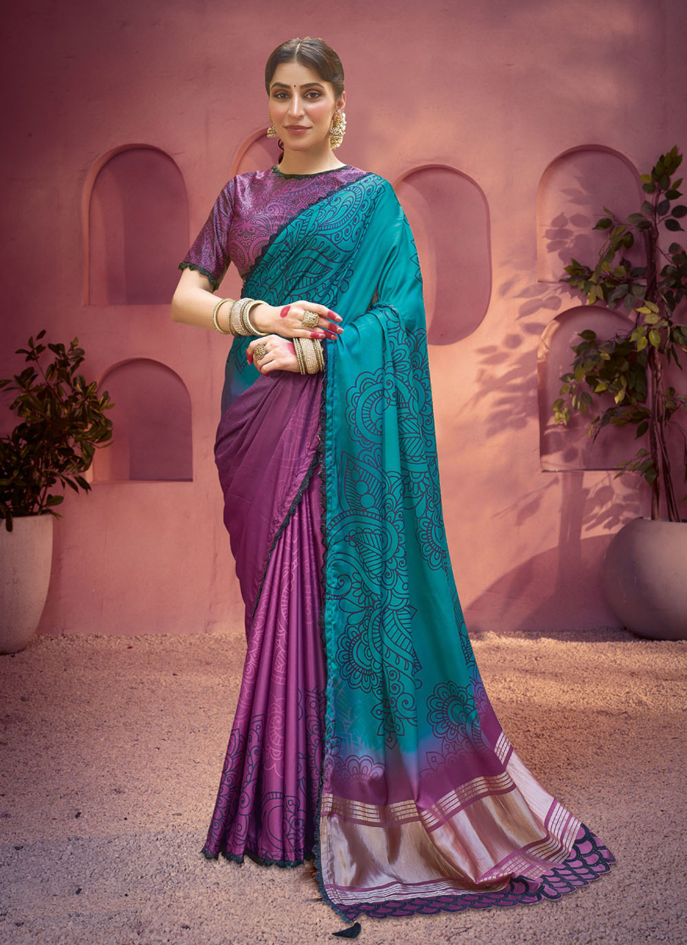 Nakshatra Purple and Blue Satin Silk Saree