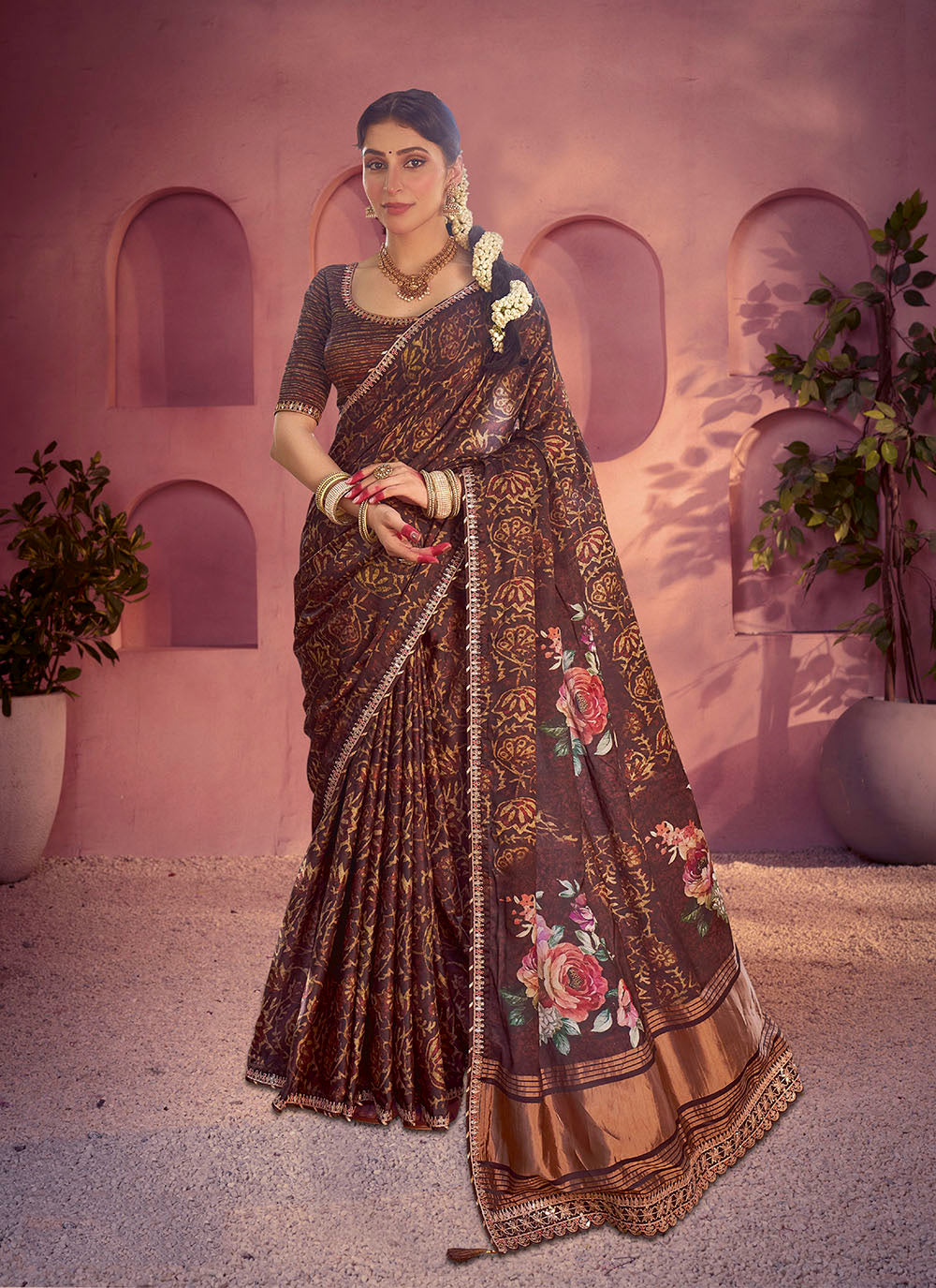 Nakshatra Brown Satin Silk Saree