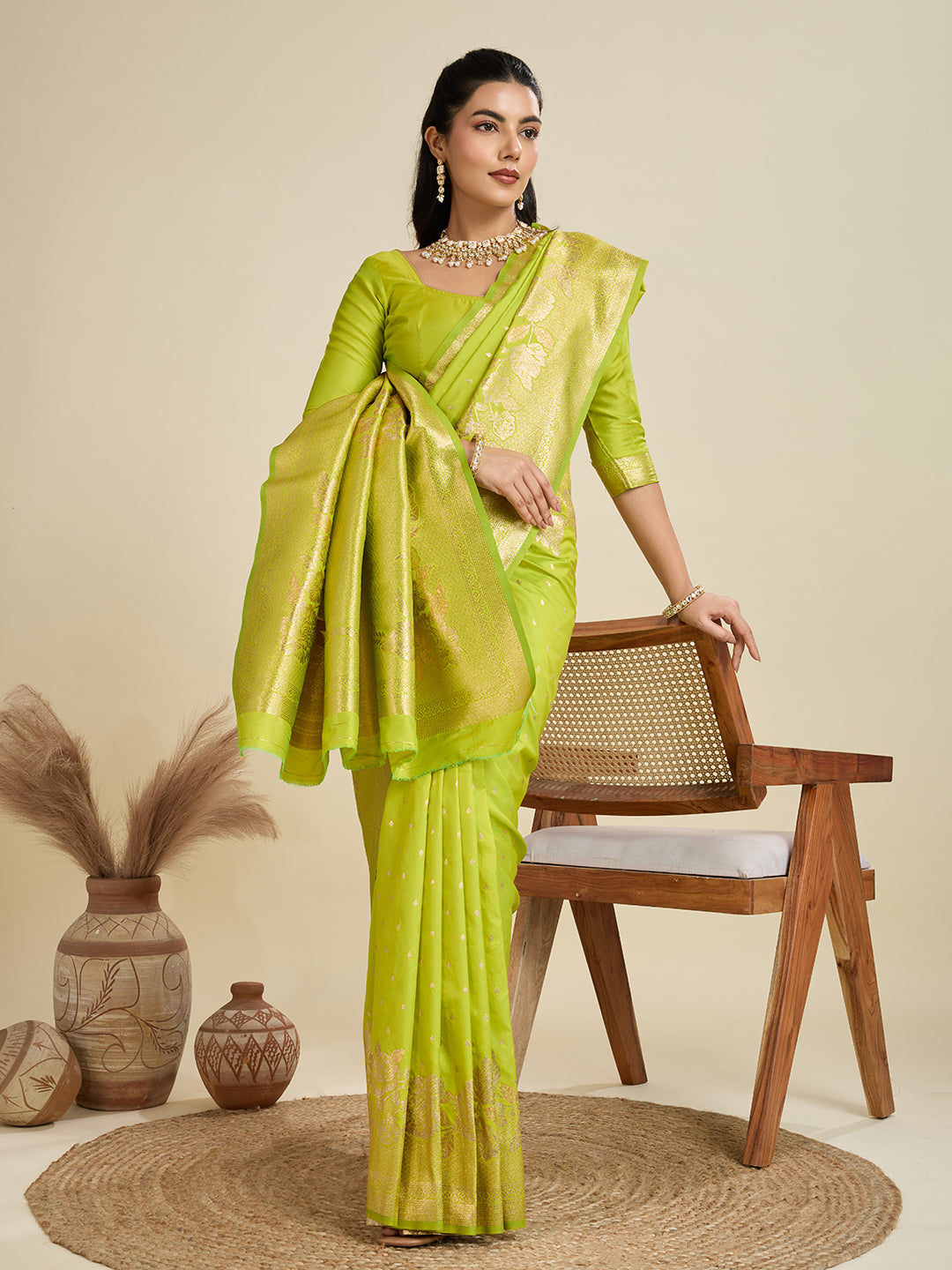 Nakshatra Parrot Green Kanjivaram Silk Saree with Exquisite Zari Weaving