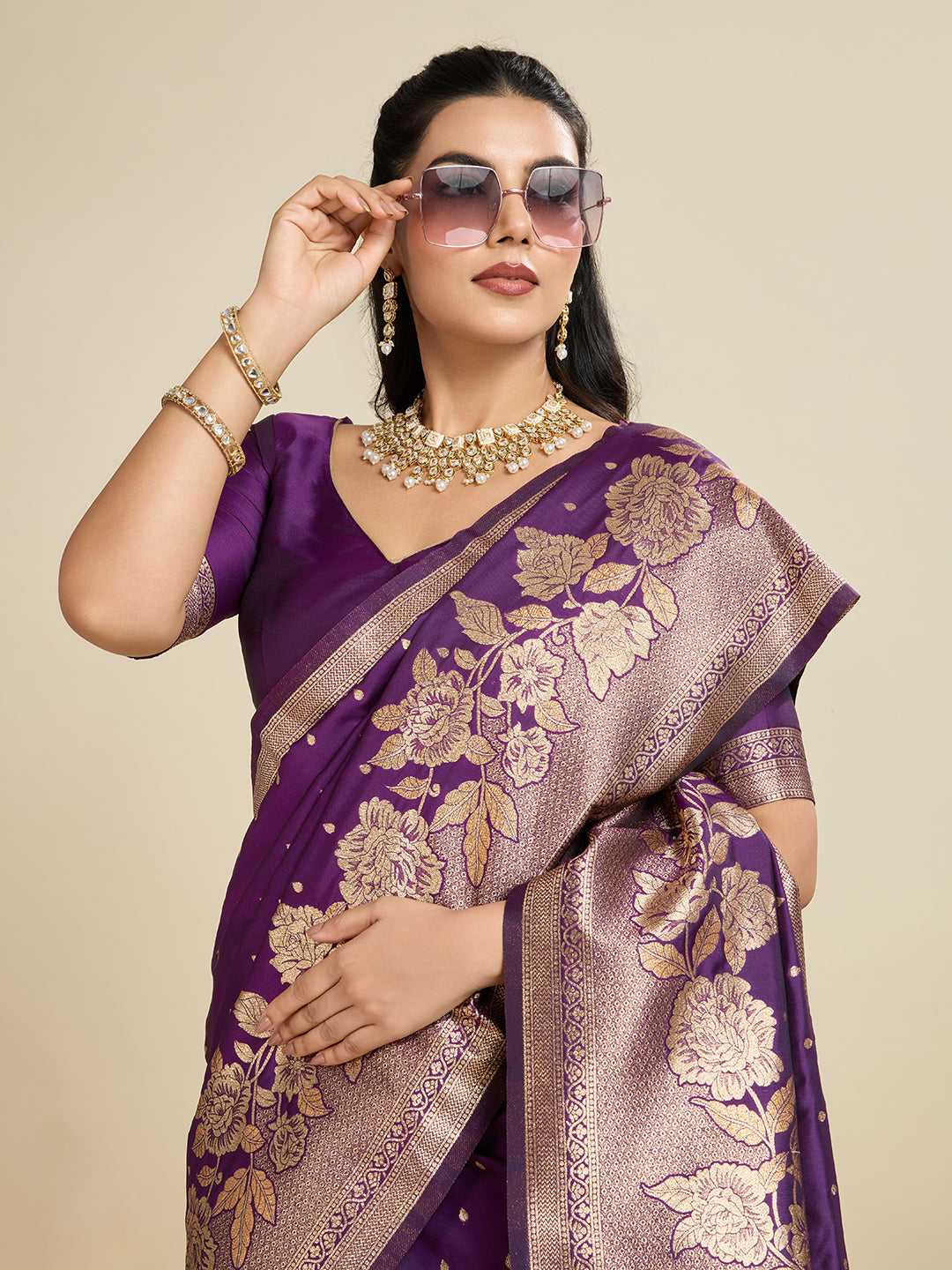 Nakshatra Violet Kanjivaram Silk Saree with Elegant Zari Detailing