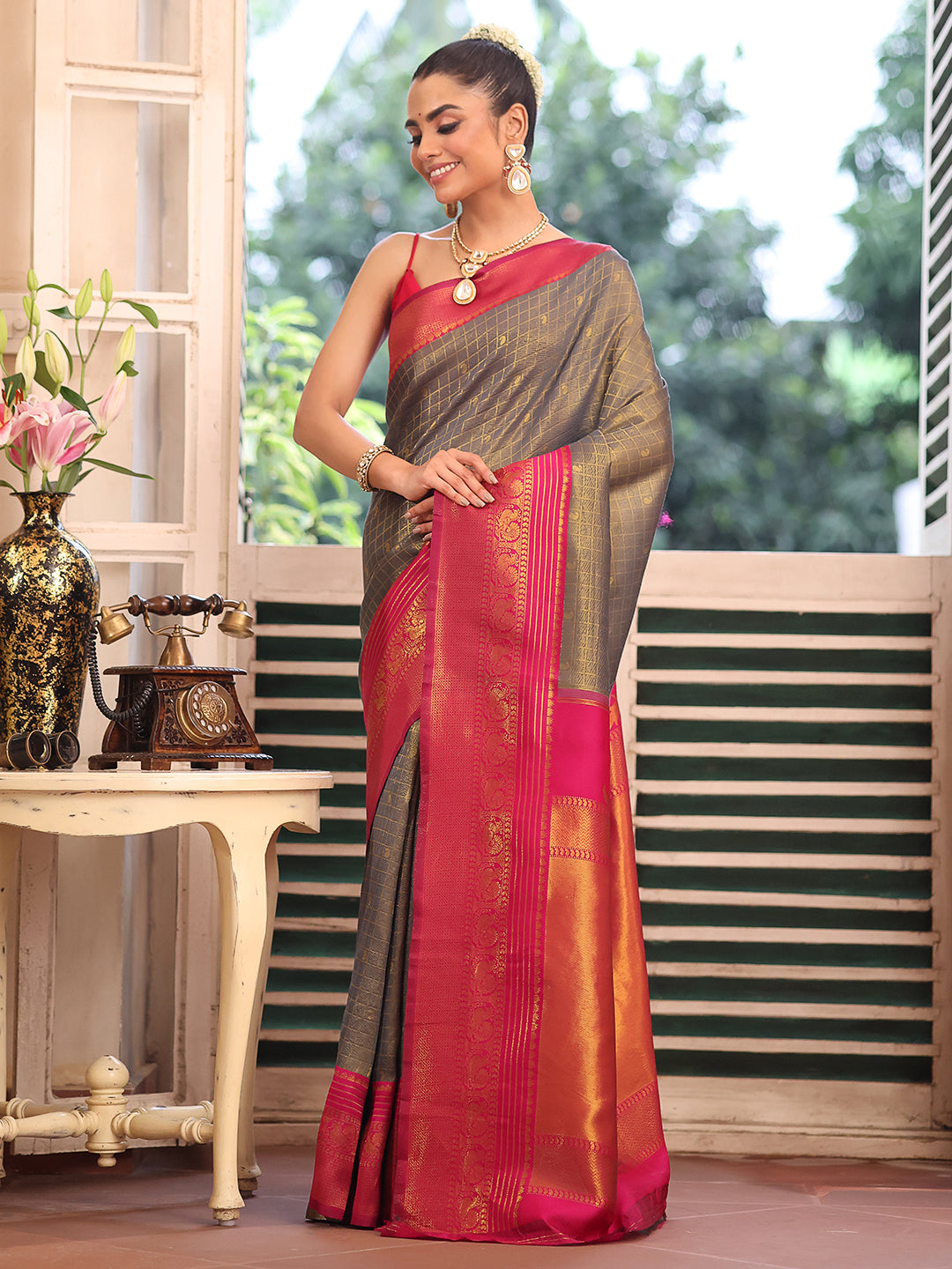 Nakshatra Grey Silk Saree Contemporary Designer Style