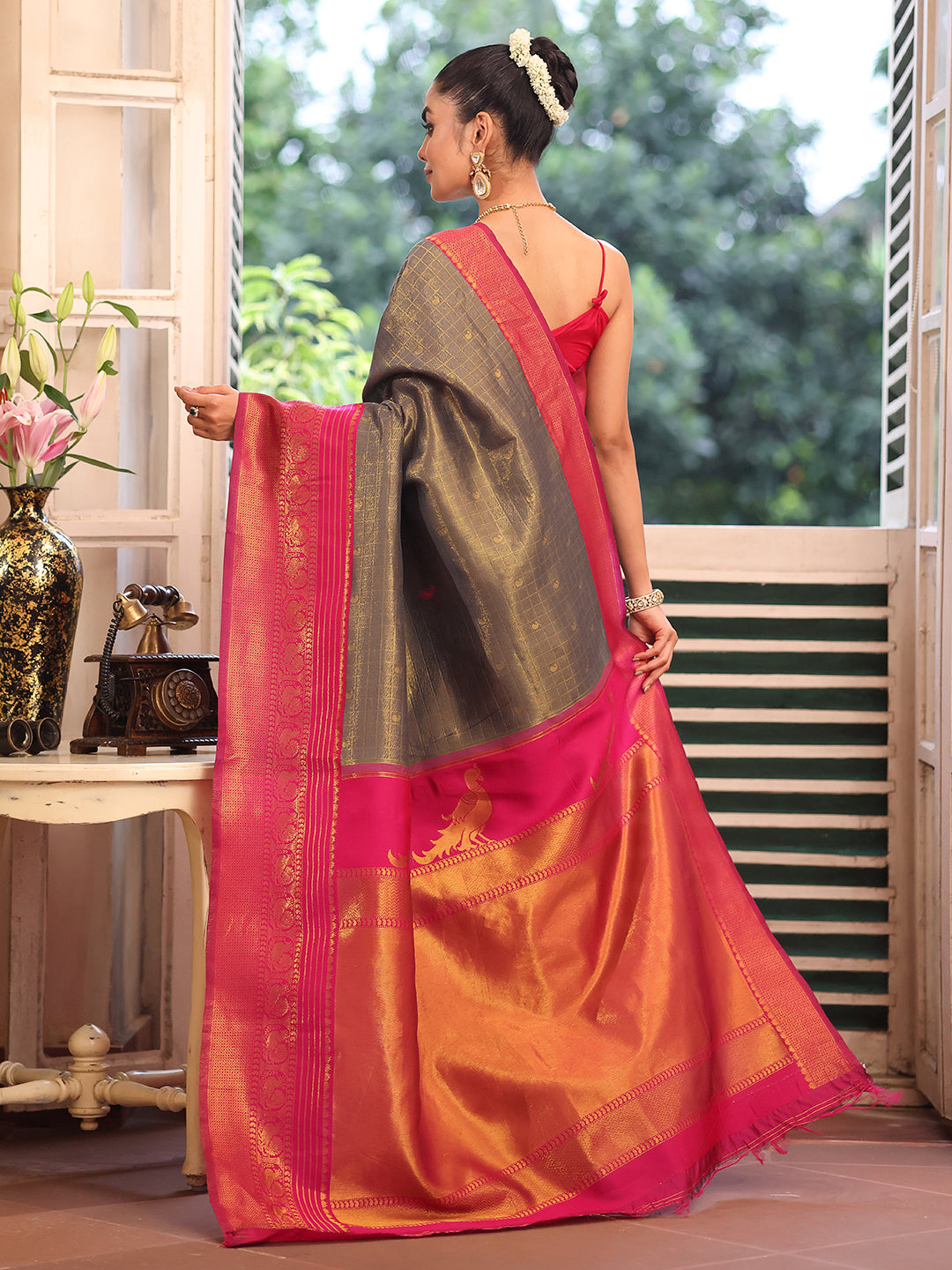 Nakshatra Grey Silk Saree Contemporary Designer Style