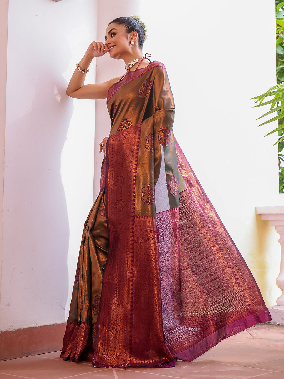 Nakshatra Copper Brown Silk Saree Elegant Handwoven Attire