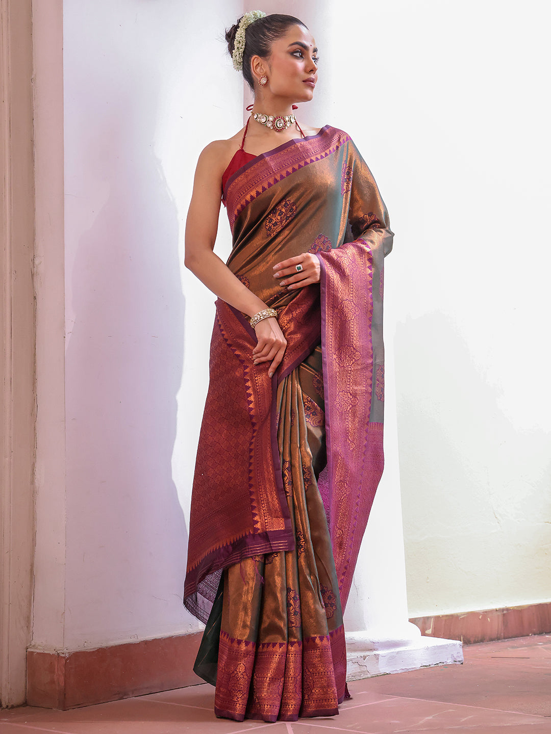 Nakshatra Copper Brown Silk Saree Elegant Handwoven Attire