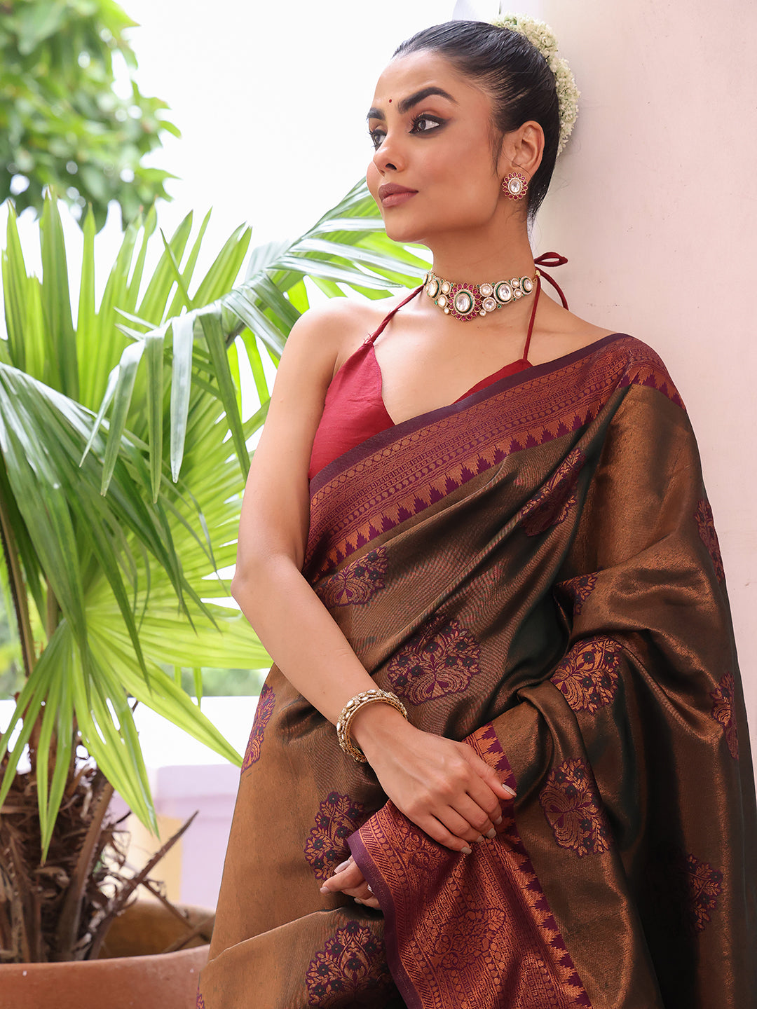 Nakshatra Copper Brown Silk Saree Elegant Handwoven Attire