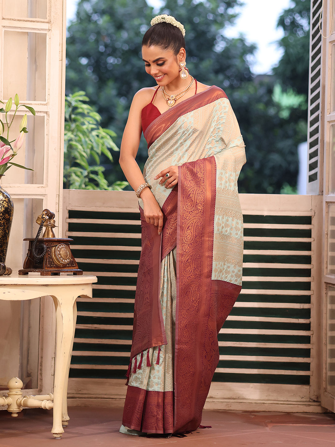 Nakshatra Beige Silk Saree Sophisticated Party Look