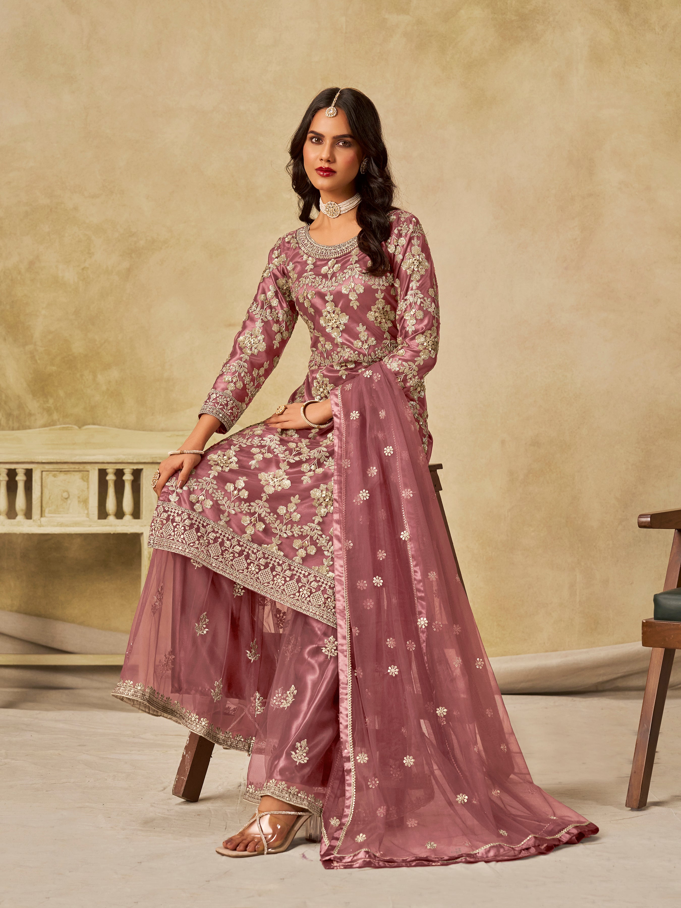 Nakshatra Pink Heavy Embroidered Party Wear Suit with Designer Net Dupatta