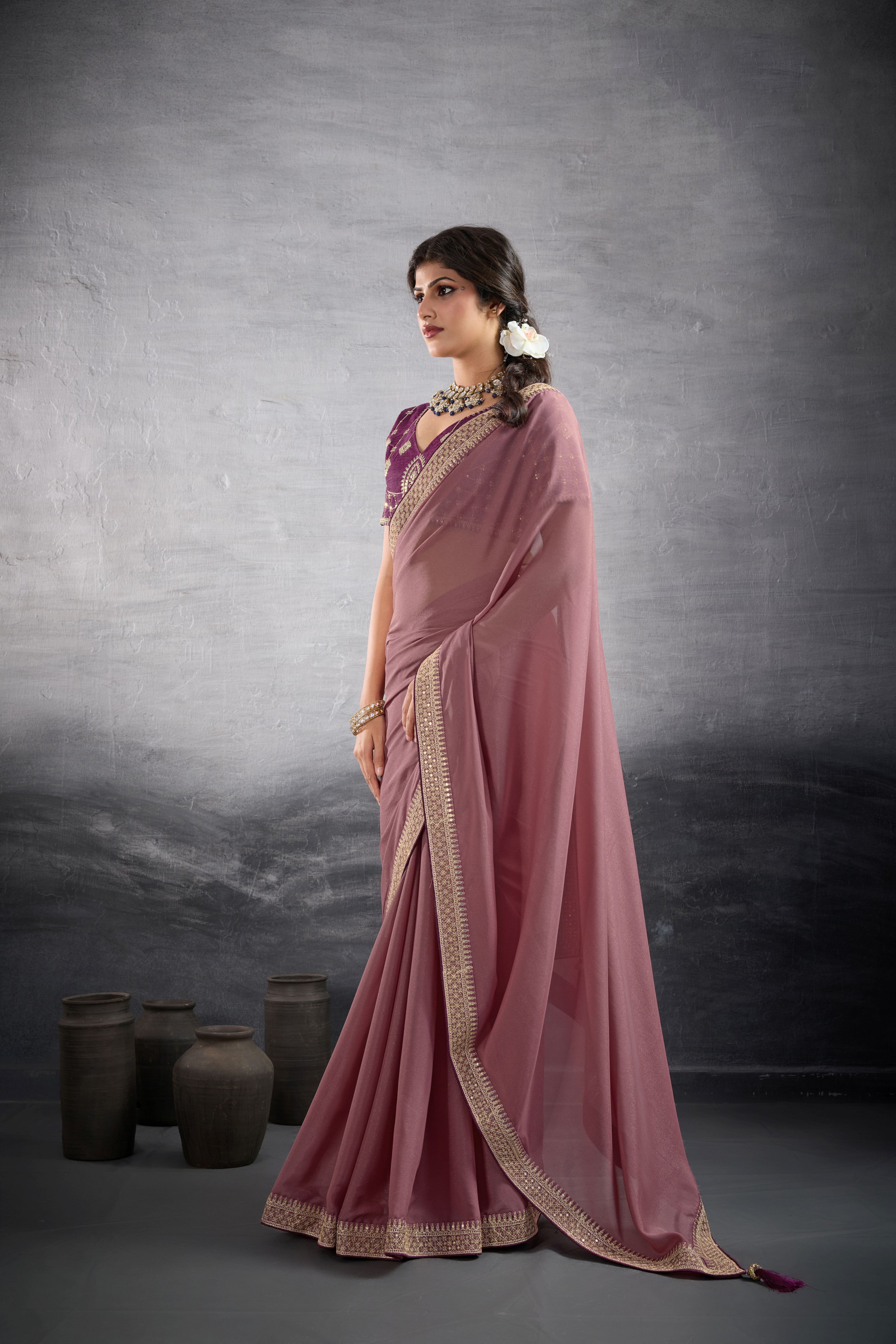 Nakshatra Onion Pink Georgette Bollywood Saree